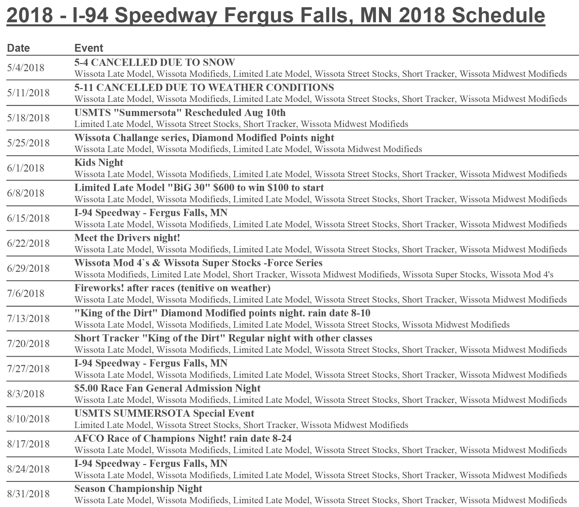 2018 I-94 Schedule